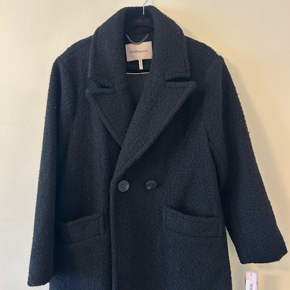 BCBGeneration Black Boucle Wool Blend Double‎ Breasted Long Coat PXL - Picture 10 of 11